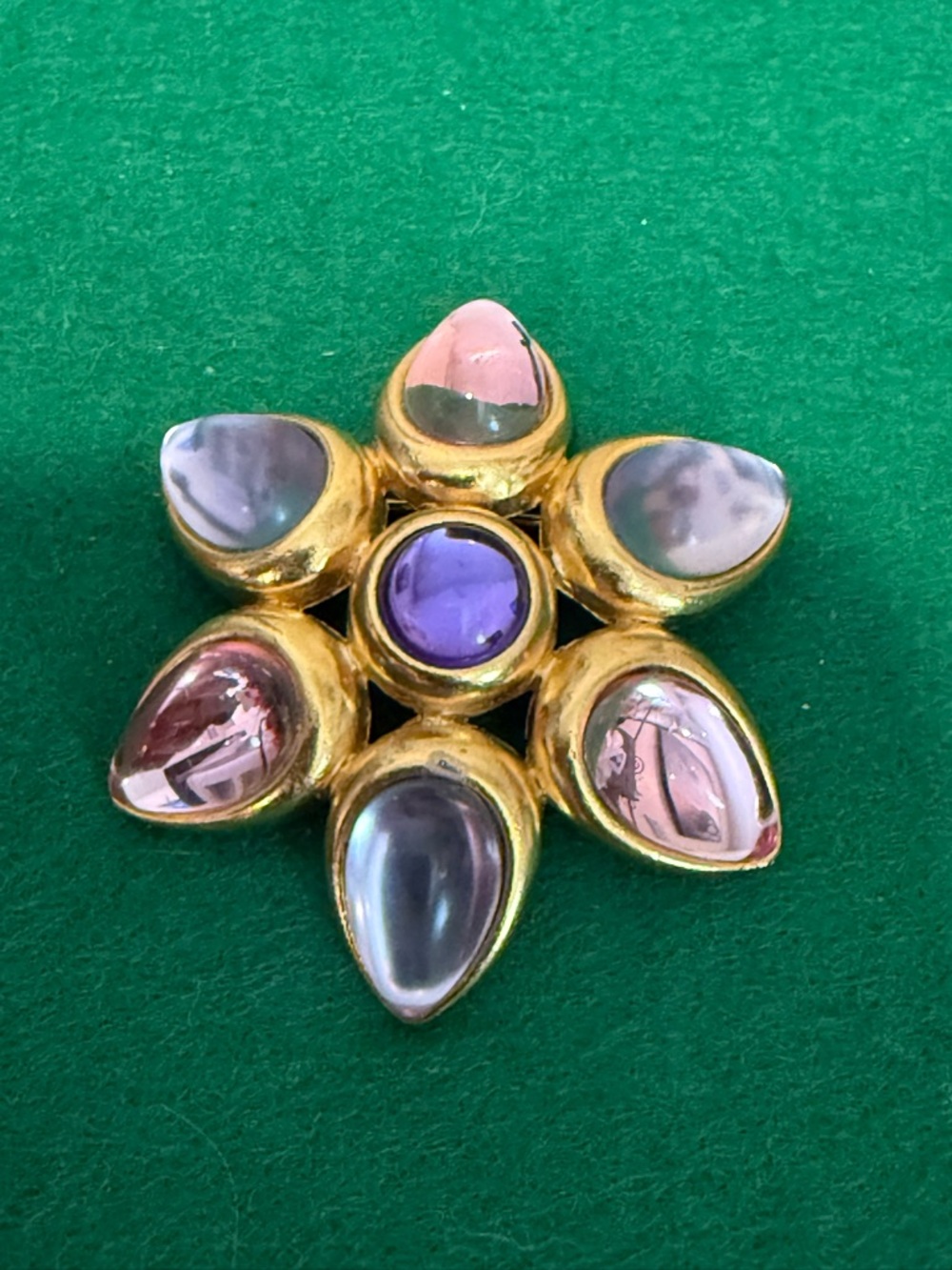 Vintage Marvella‎ Flower Brooch Pin Moonglow Pink Lilac Cabochon 80s Gold Tone